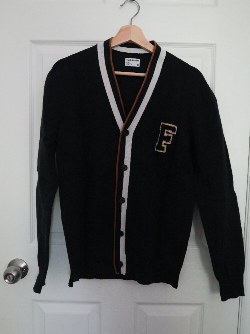 Frank & Oak Varsity Cardigan Black With F Patch On Chest Size XS